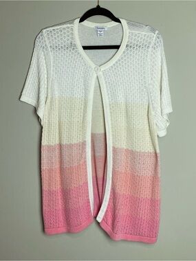 Lightweight Ombre Open-Front Short Sleeve Cardigan - White to Pink